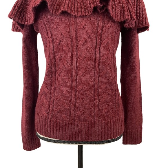 WAYF SHELDON OFF SHOULDER RUFFLE KNIT SWEATER IN RED TANNIN MEDIUM - Picture 4 of 9